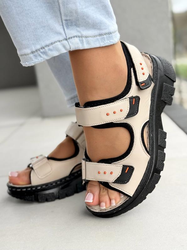 Sandałki damskie ze skóry naturalnej LUT/56C0471/BEIGE/BLACK