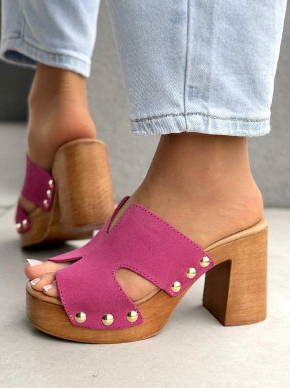 Klapki damskie ze skóry naturalnej KON/9196/PADDED FUXIA