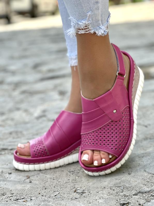 Mega wygodne różowe sandały damskie skórzane na koturnie LUT/54C0543/PINK