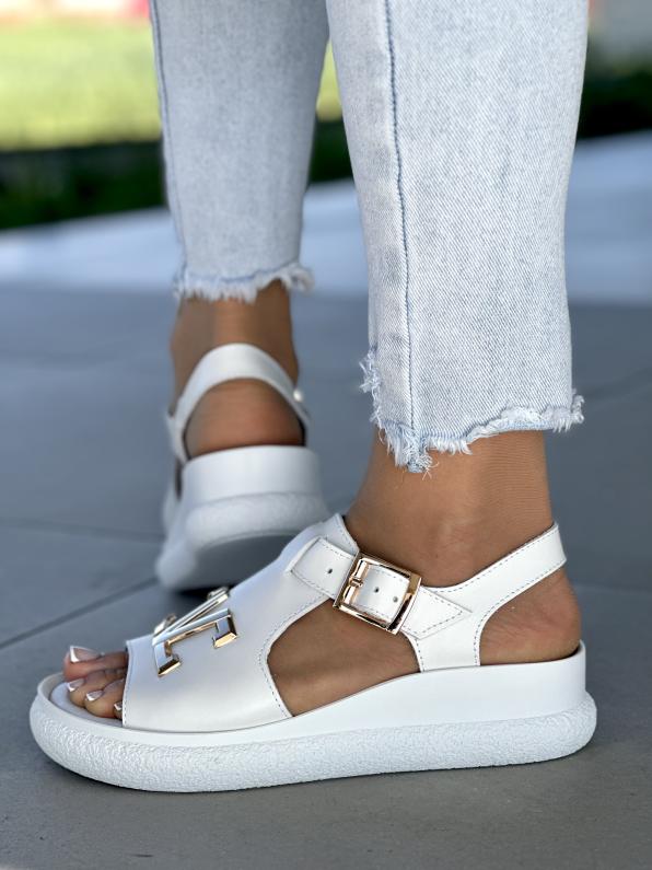 Białe sandały damskie z złotą ozdobą, skóra naturalna  5269/534