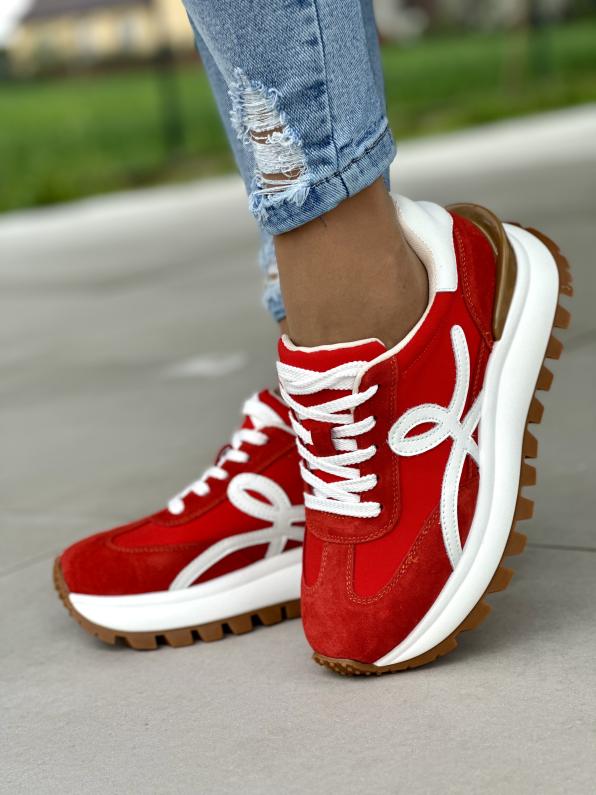 Oryginalne czerwone sneakersy damskie z białymi akcentami, skóra naturalna GD-XF-3000/RED