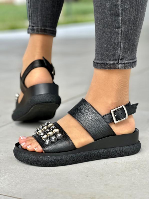 Czarne sandały damskie z ozdobnymi kryształkami, skóra naturalna 5268/C47