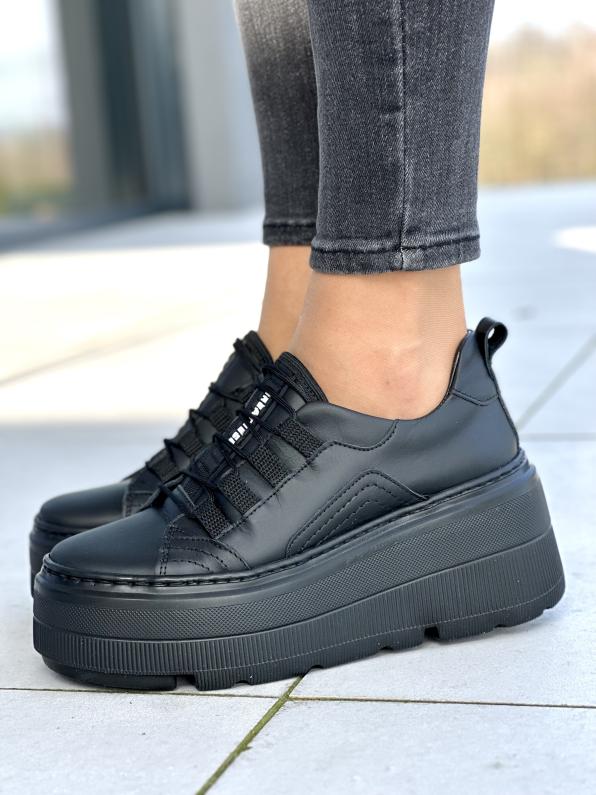 Wygodne czarne sneakersy damskie na wysokiej podeszwie, skóra naturalna  5020/A89