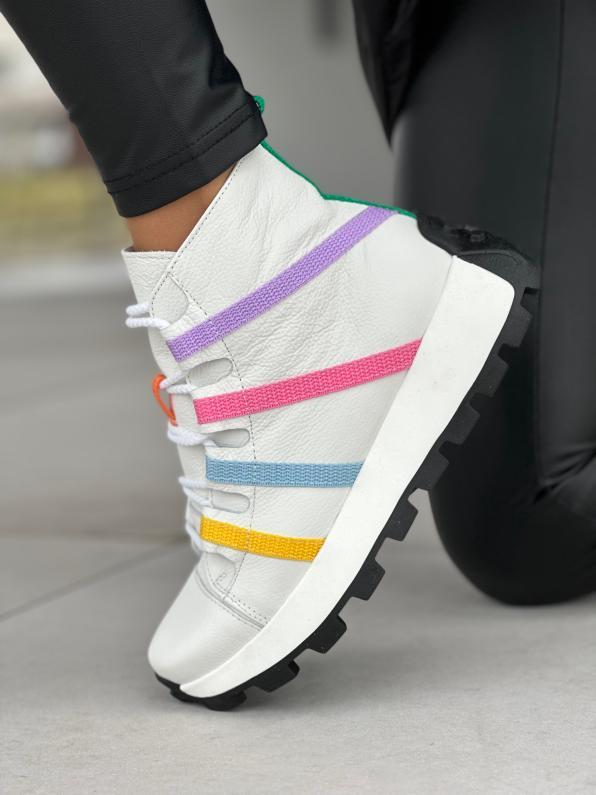 Białe wysokie sneakersy damskie rainbow, skóra naturalna 5127/G02