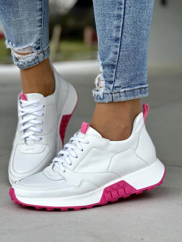Śliczne białe sneakersy damskie z różowymi detalami, skóra naturalna 5154/534