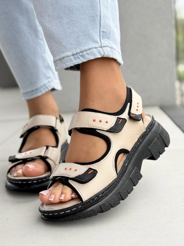 Sandałki damskie ze skóry naturalnej LUT/56C0471/BEIGE/BLACK