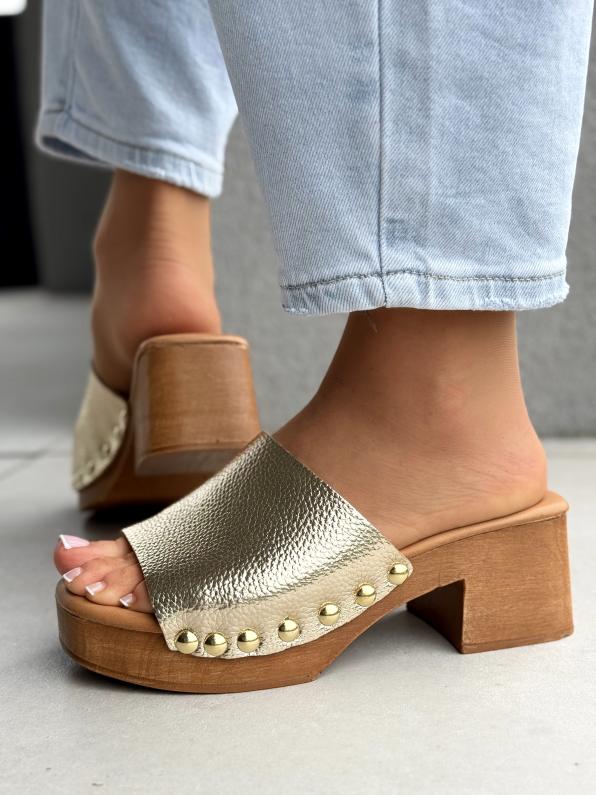 klapki damskie ze skóry naturalnej KON/8508/PADDED PLATINO