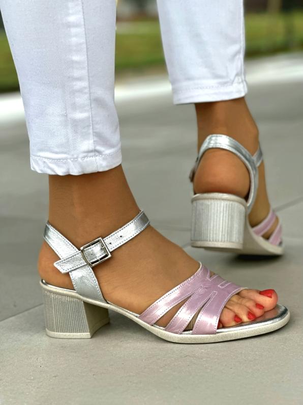 Wygodne i stylowe różowo-srebrne sandały damskie, skóra naturalna 4395/I70/G98