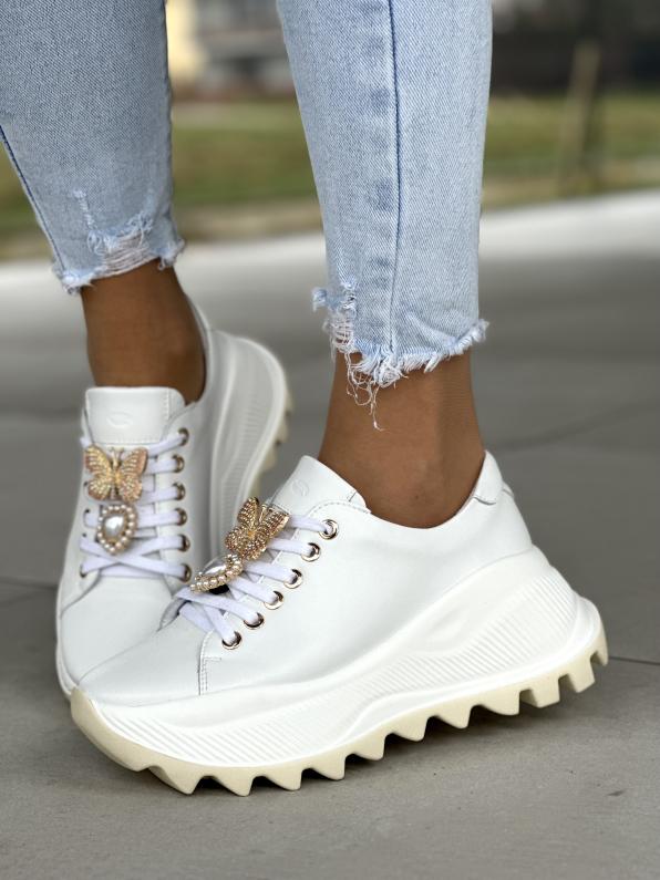Unikalne białe sneakersy damskie, śliczne ozdoby, skóra naturalna 5161/534