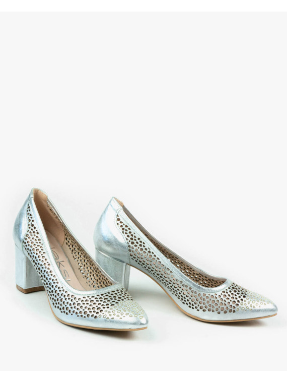 Srebrne czółenka damskie skórzane