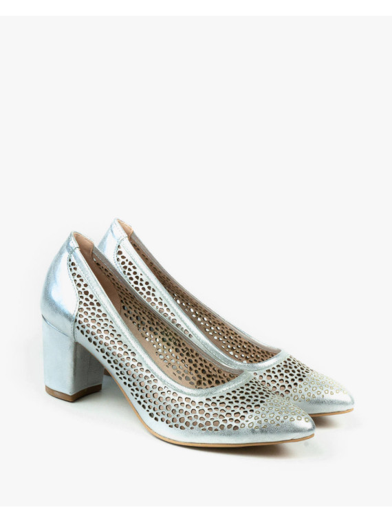 Srebrne czółenka damskie skórzane