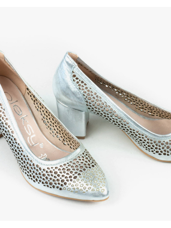 Srebrne czółenka damskie skórzane