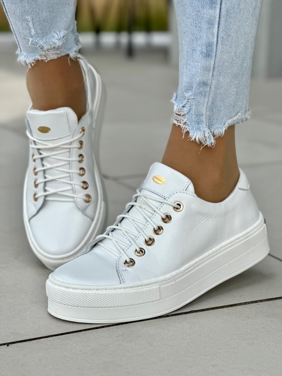 Białe trampki damskie skórzane OLEKSY polskiej produkcji na grubej podeszwie