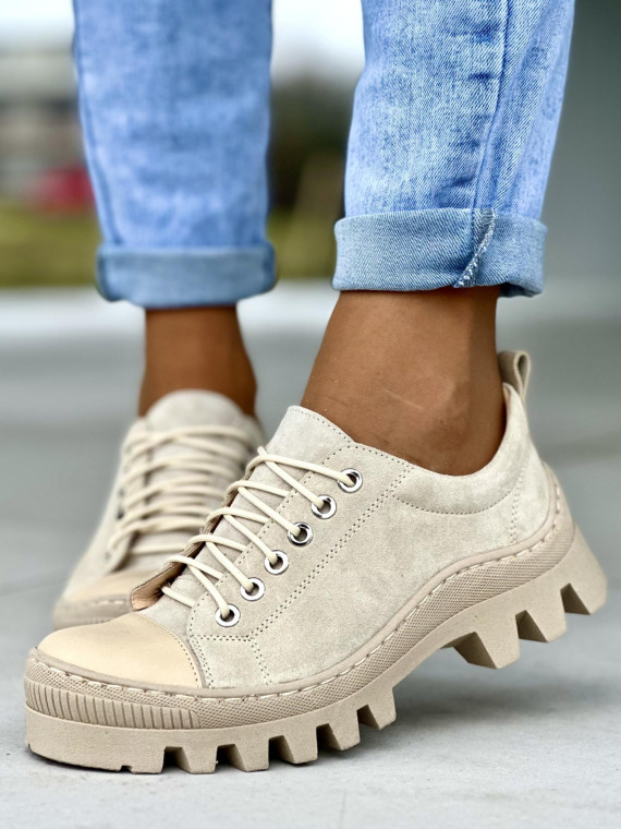 Wygodne niskie beżowe traperki damskie skóra naturalna