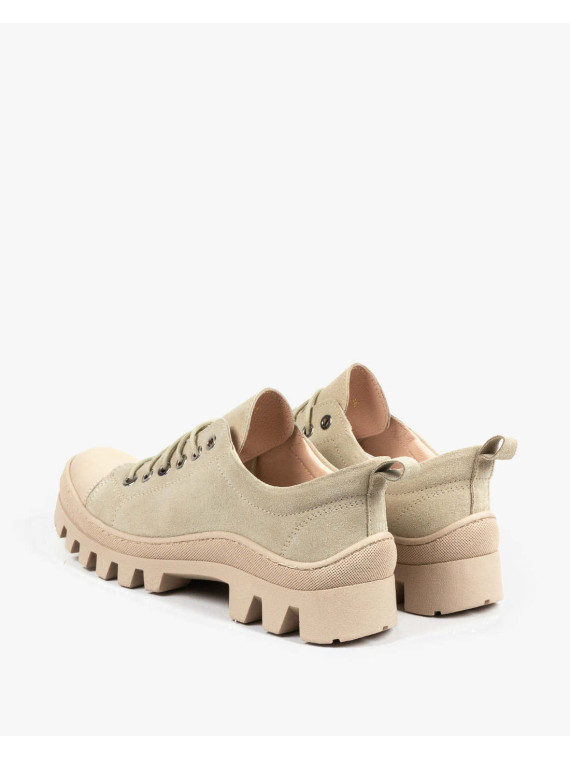 Wygodne niskie beżowe traperki damskie skóra naturalna