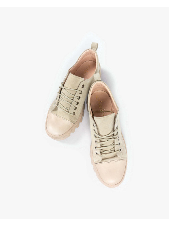 Wygodne niskie beżowe traperki damskie skóra naturalna