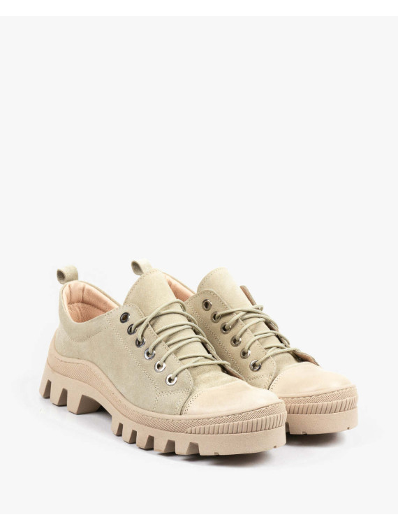 Wygodne niskie beżowe traperki damskie skóra naturalna