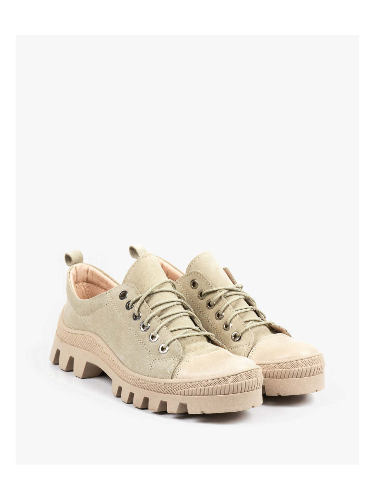 Wygodne niskie beżowe traperki damskie skóra naturalna