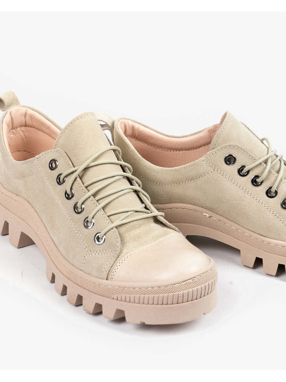 Wygodne niskie beżowe traperki damskie skóra naturalna