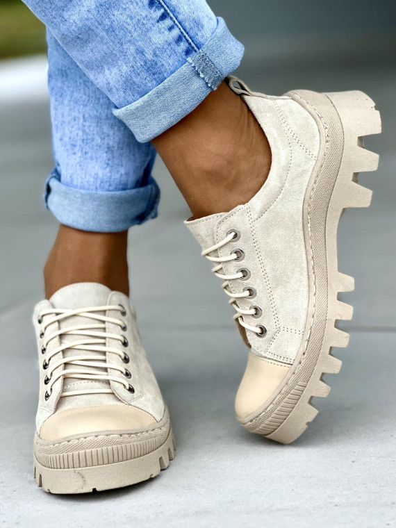 Wygodne niskie beżowe traperki damskie skóra naturalna