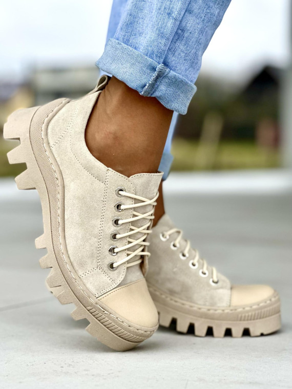 Wygodne niskie beżowe traperki damskie skóra naturalna