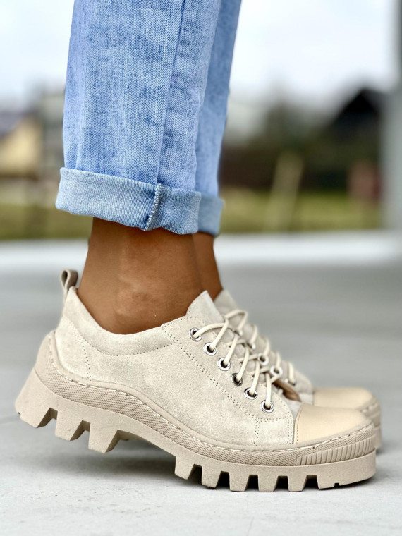 Wygodne niskie beżowe traperki damskie skóra naturalna