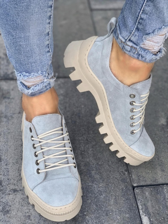 Niebieskie traperki damskie skórzane