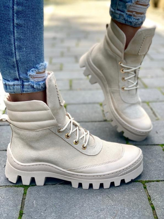 Beżowe trapery damskie skórzane