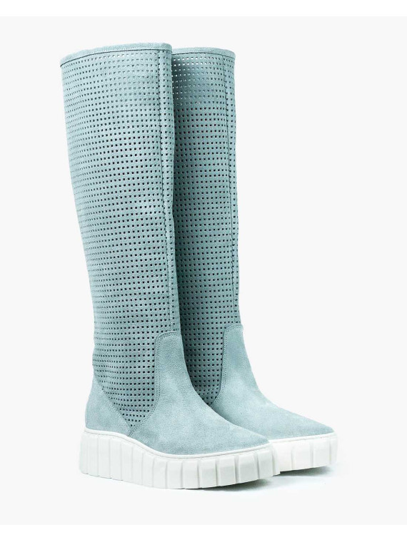 Niebieskie kozaki damskie skórzane