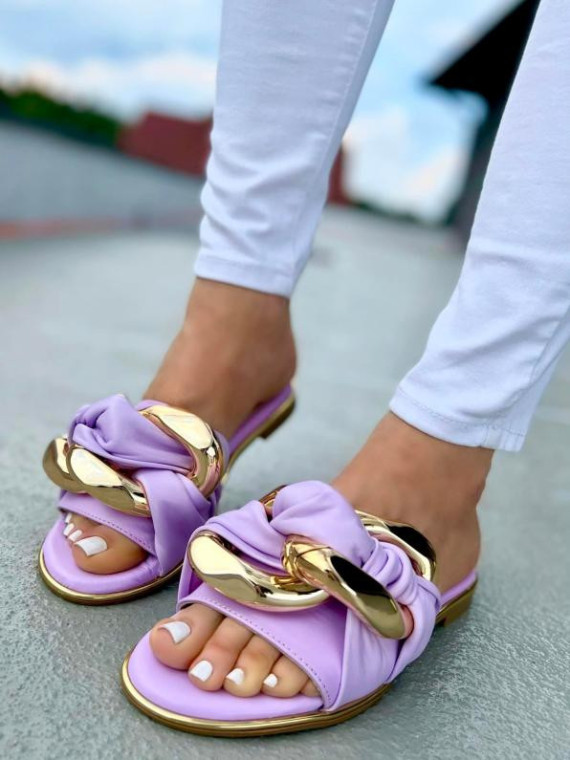 Fioletowe klapki damskie skórzane