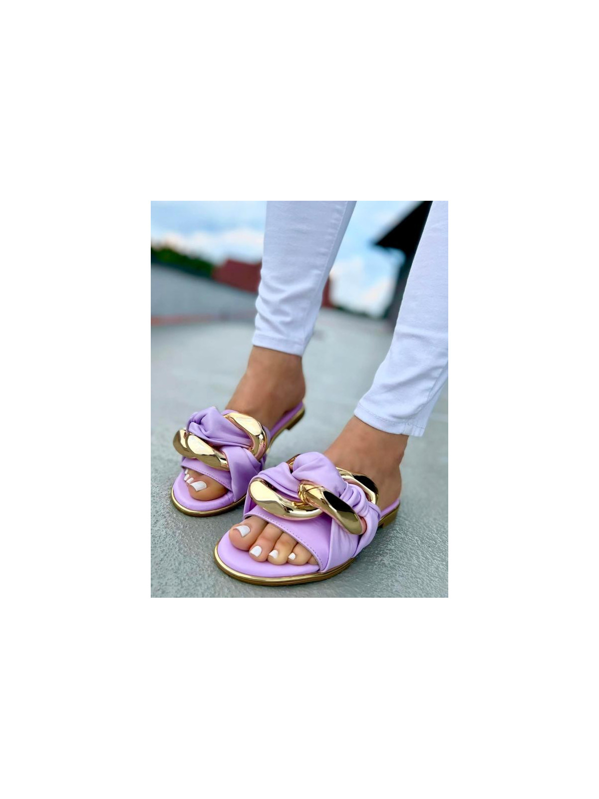 Fioletowe klapki damskie skórzane