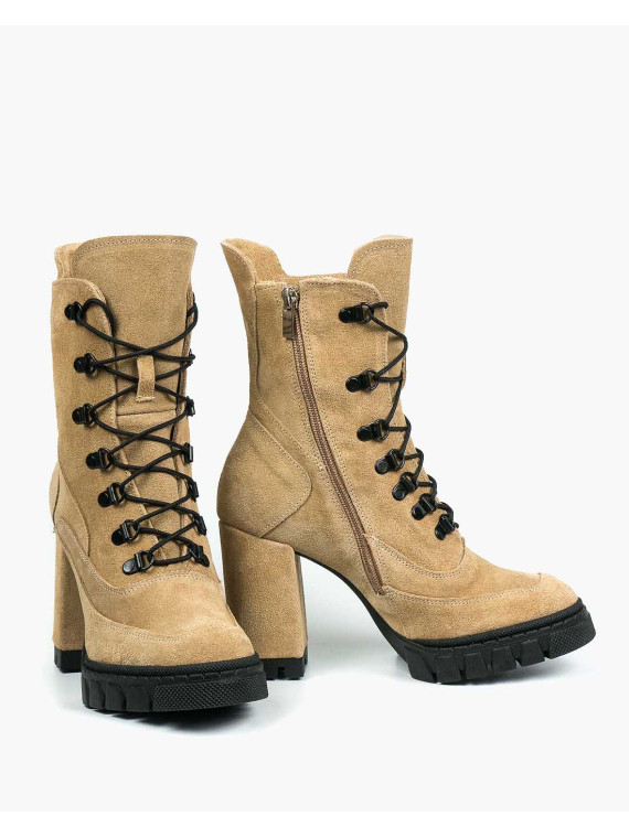Beżowe botki damskie skórzane