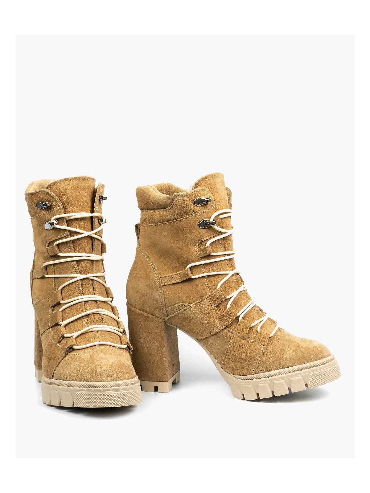 Beżowe botki damskie skórzane