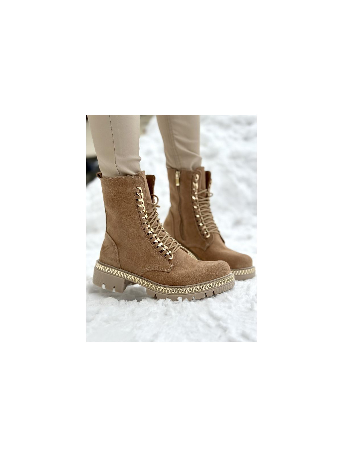 Beżowe trapery damskie skórzane