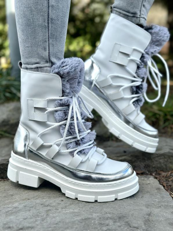Białe śniegowce damskie skórzane