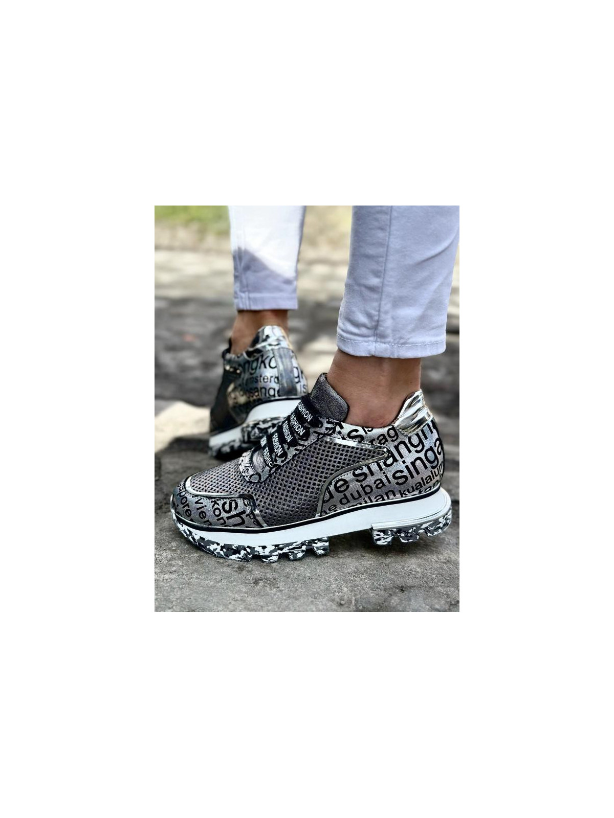 Srebrne sneakersy damskie skórzane