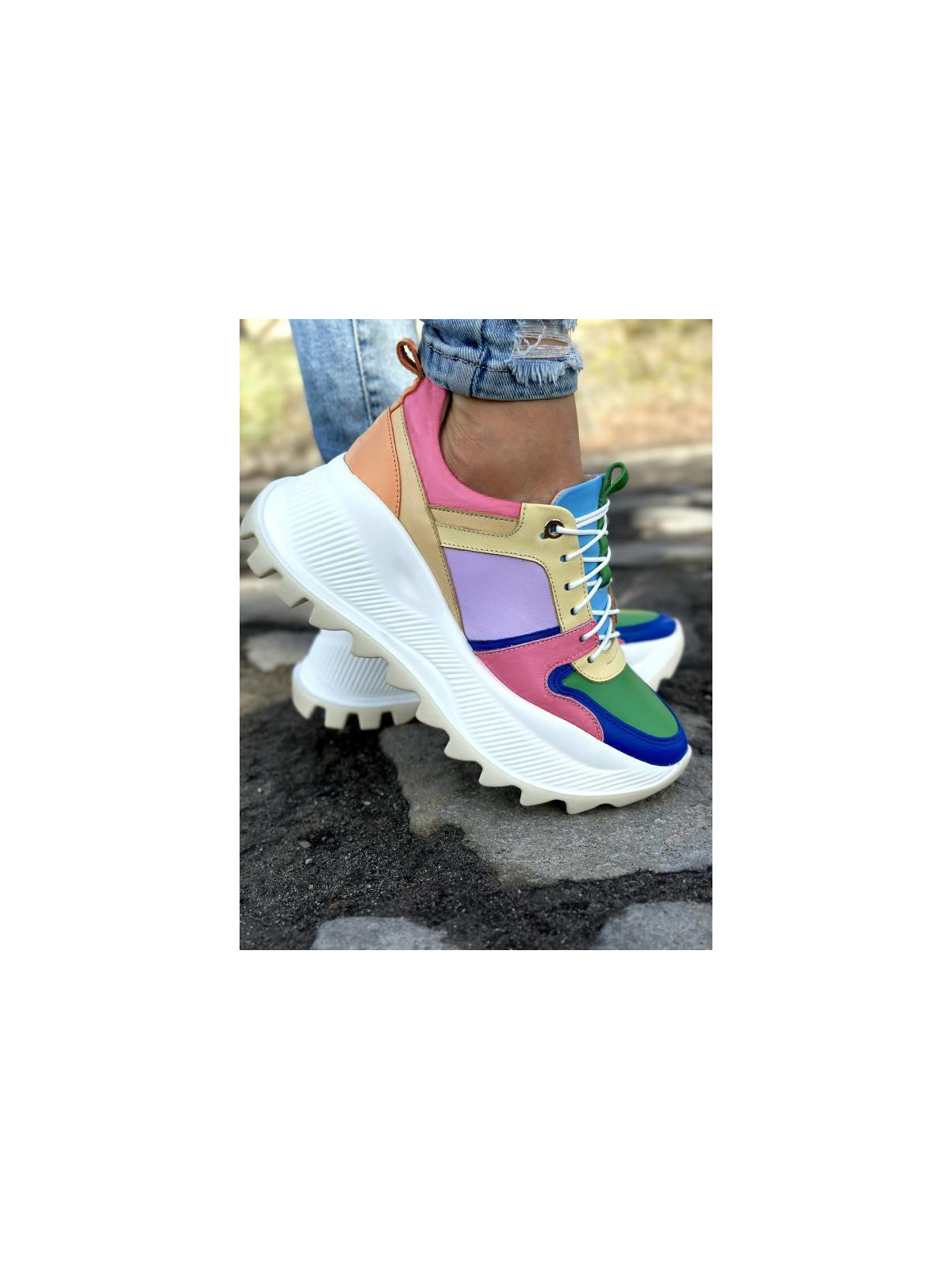 Sneakersy wielokolorowe damskie skórzane