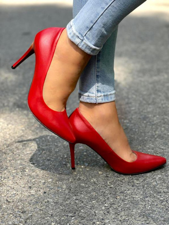 Czółenka czerwone damskie skórzane