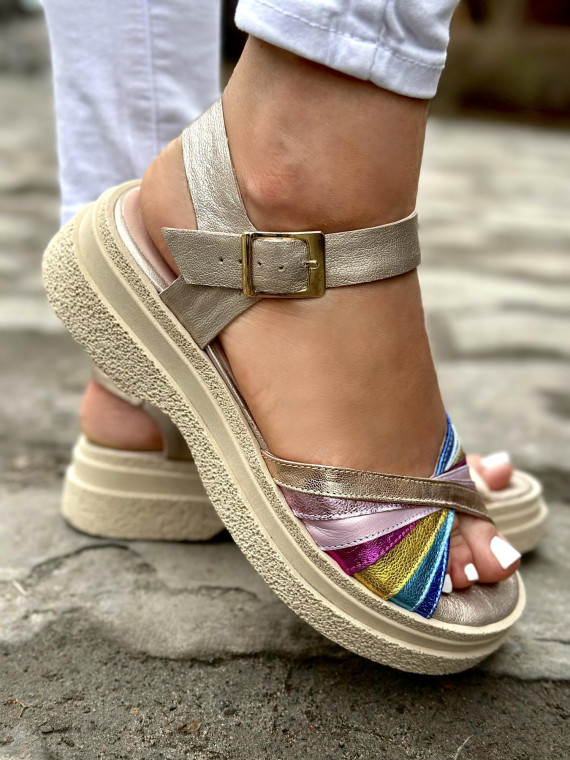 Sandały wielokolorowe damskie skórzane