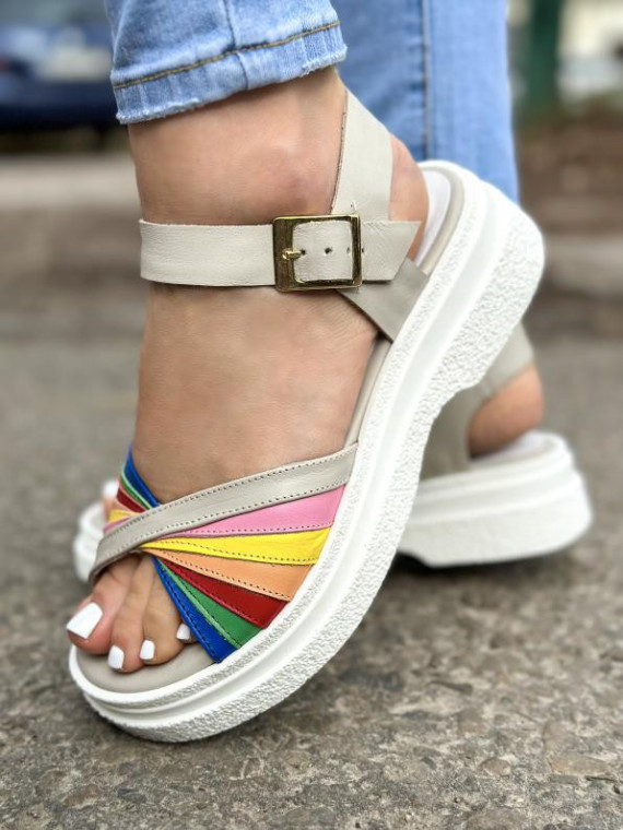 Sandały wielokolorowe damskie skórzane