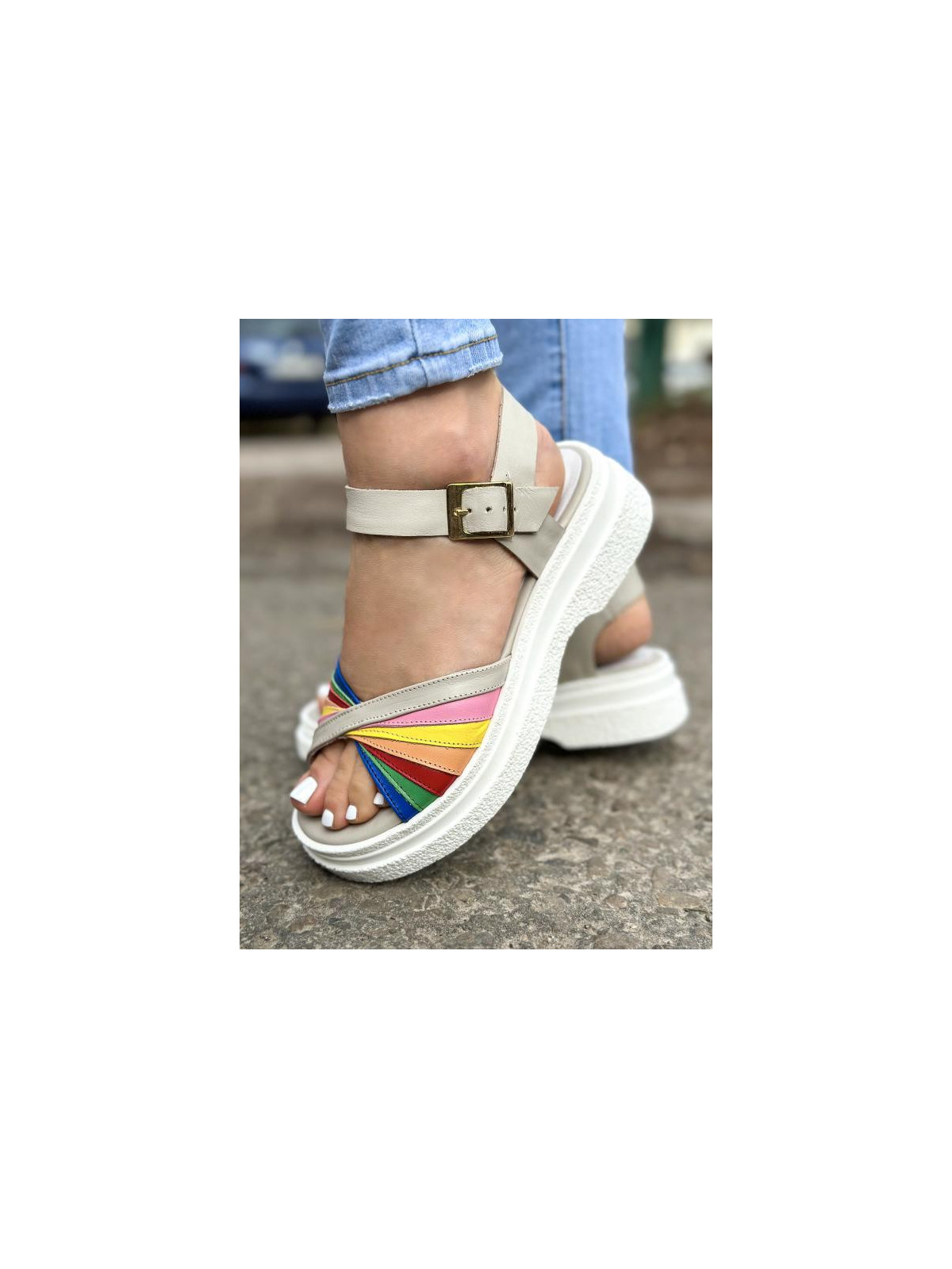 Sandały wielokolorowe damskie skórzane