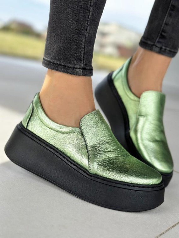 Zielone półbuty damskie skórzane