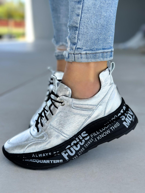 Srebrne sneakersy damskie skórzane