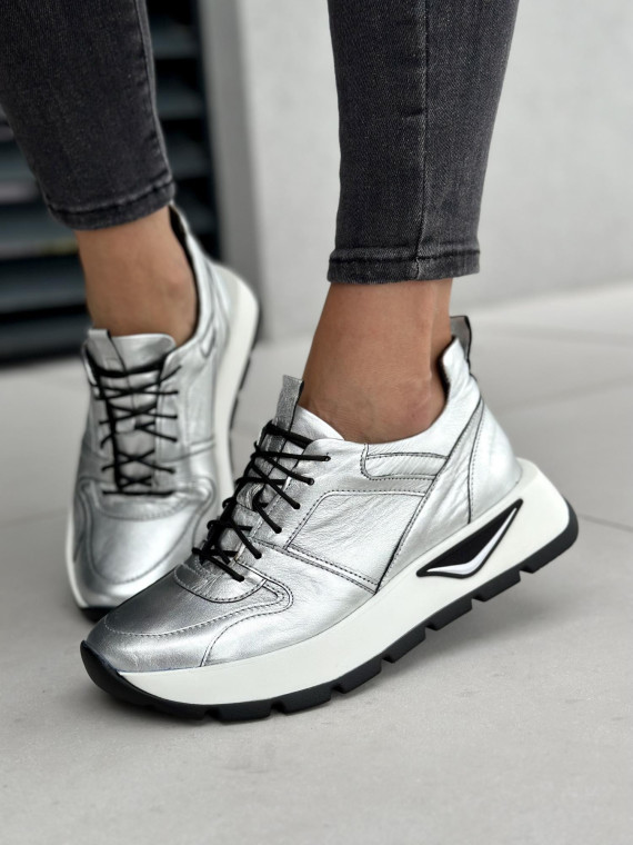 Srebrne sneakersy damskie skórzane