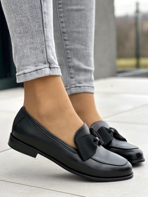 Piękne czarne mokasyny damskie z kokardą, skóra naturalna