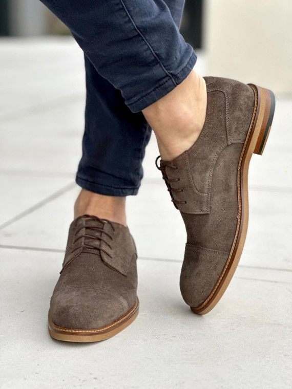 Brązowe półbuty męskie, skóra naturalna welurowa