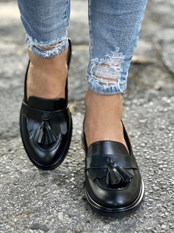 Czarne mokasyny damskie skórzane