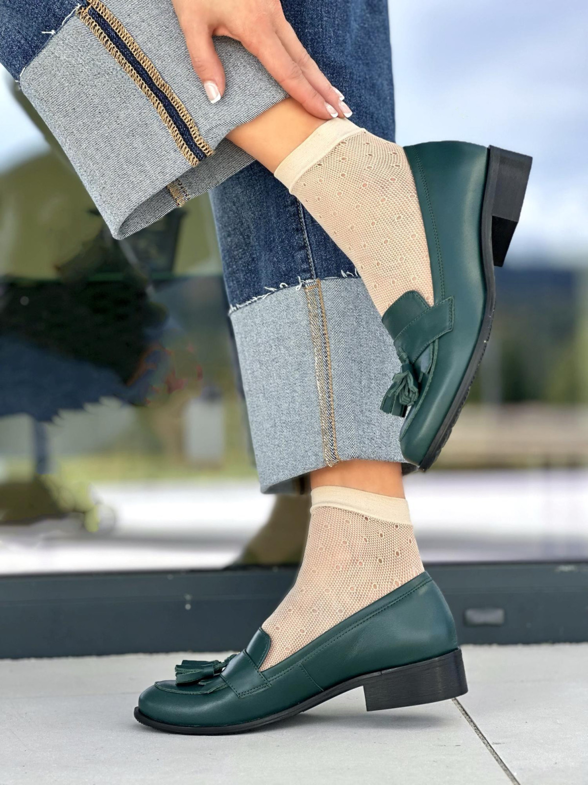 Zielone mokasyny damskie skórzane