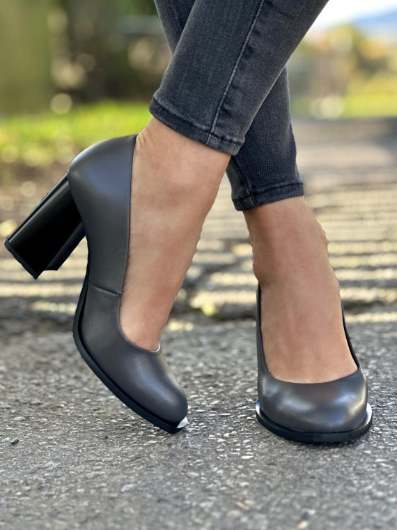 Grafitowe półbuty damskie skórzane