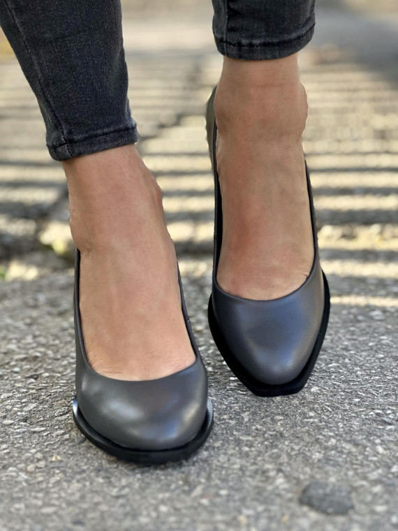 Grafitowe półbuty damskie skórzane